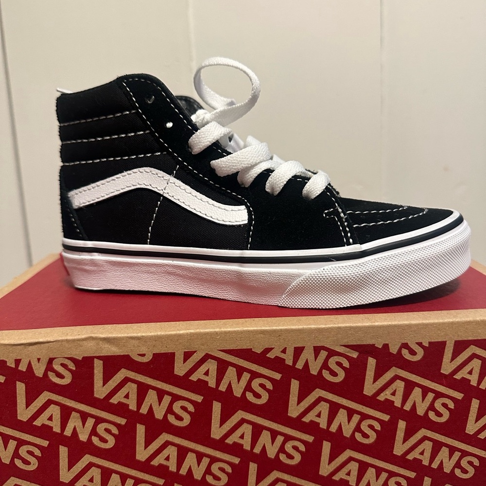 Vans Black and White Sneakers with Red Logo